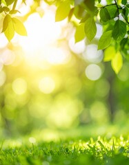 Obraz premium Soft-Focus Natural Bokeh Background. Vibrant Green Foliage and Dappled Sunlight Create a Blurred, Dreamy Backdrop, Symbolizing Growth, Freshness, and a Peaceful Environment