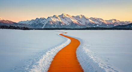 Clear Pathway Across Snowy Field Towards Distant Mountains