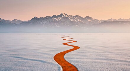Serene Trail Through Snow Covered Field to Mountain Range