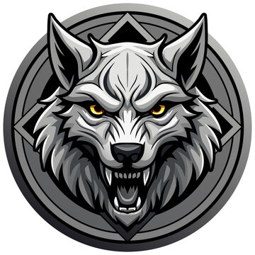 Stylized illustration of a fierce wolf&rsquo;s head with sharp teeth, glowing yellow eyes, and aggressive expression. Set within a circular geometric frame for bold impact and modern visual appeal.