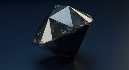 Close up of a dark gemstone with reflective facets against a dark blue gradient background studio shot