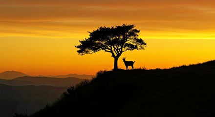 Dramatic Hilltop Tree Silhouette with Goat Grazing Below