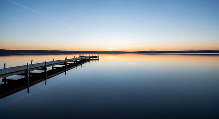 Fototapeta premium Pier extending over calm lake at sunset 