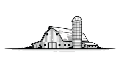 Farm Barn and Silo in a Rural Landscape, Black and White Outline Drawing, Agricultural Scene, Vector Illustration