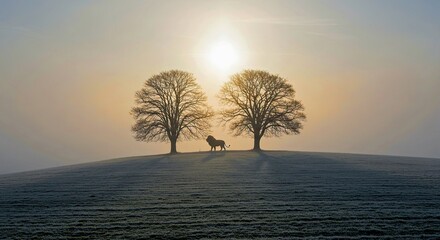 Majestic Lion Under Twin Trees in Misty Snowy Landscape