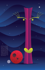 Graphic1Surreal abstract illustration of a face-like structure in a cosmic landscape with planets and stars. Modern vector art with minimal shapes, bold colors, and creative design.
