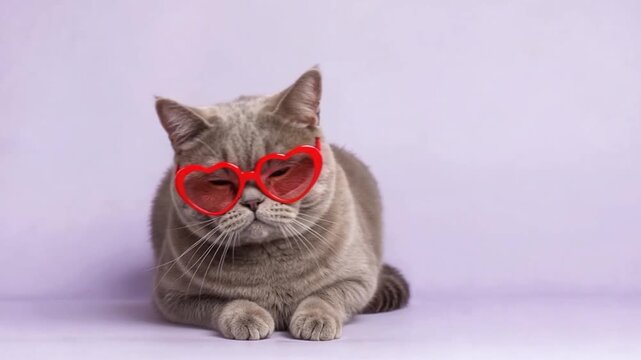 Elegant British Shorthair Cat Wearing Red Heart-Shaped Sunglasses, Studio Fashion Pet Video on Pastel Background