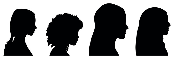 Diverse Silhouettes of Women Facing Each Other, Representing Unity and Diversity. Vector illustration isolated on clear background.