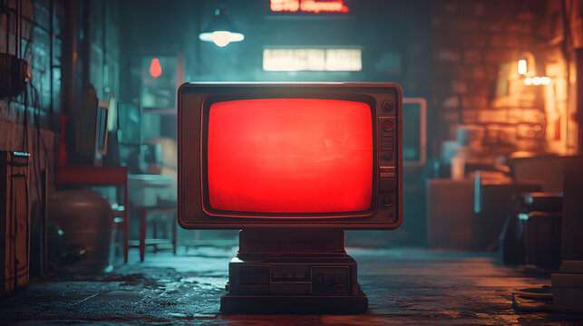 Retro TV set with a blank red screen in a dimly lit, grungy workshop. Vintage background for streaming or gaming channels.