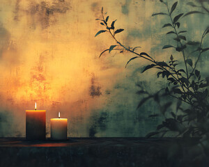 A tranquil vintage background for holistic healing with two lit candles and a plant silhouette against a textured wall.