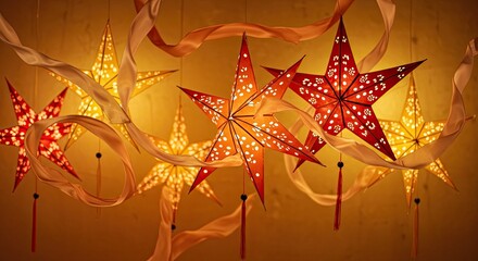Warm Yellow Star Lanterns Illuminated Golden Backdrop Decor