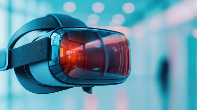 Personalized virtual reality therapy headset lens, subtle light reflection, clear image, immersive view.