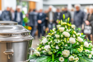 Elegant metal casket with ashes surrounded by floral arrangements at a solemn funeral gathering