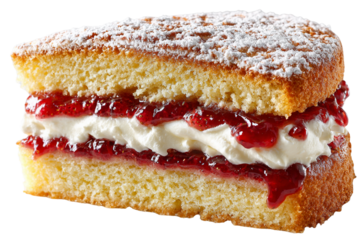 Delicious strawberry jam cake layered with whipped cream and powdered sugar