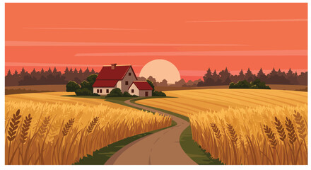 Rural Landscape with Farmhouse Wheat Field and Sunset Vector Illustration © Lhvect02