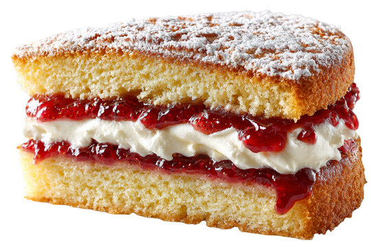 Delicious strawberry jam cake layered with whipped cream and powdered sugar