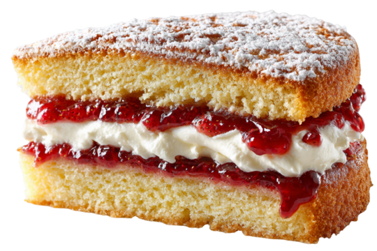 Delicious strawberry jam cake layered with whipped cream and powdered sugar