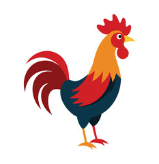 Stylized rooster with red comb and tail on white background