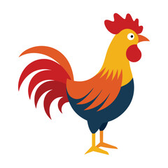 Stylized rooster with red comb and orange tail on white background