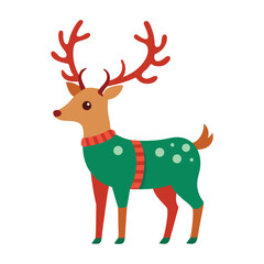 Cartoon reindeer wearing green sweater with red trim
