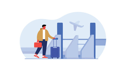 Obraz premium Illustration of a man with luggage walking through airport security with airplane in background