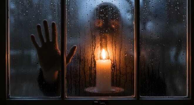 Mysterious Silhouette with Candle and Hand on Rainy Windowpane at Night