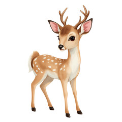 Fototapeta premium A soft, hand-painted deer with antlers, light brown fur, white spots, white belly, chest, large dark eyes, and pink inner ears stands on all four legs.