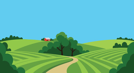 Obraz premium Cartoon Farm Landscape with Red Barn Green Fields Trees and Blue Sky