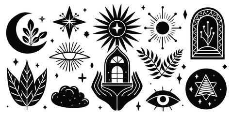 Black and white mystical celestial design elements collection for spiritual concepts and occult practices