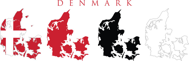 Set of isolated Denmark maps. Denmark flag overlaid with flag proportions. Maps and traveling around the world