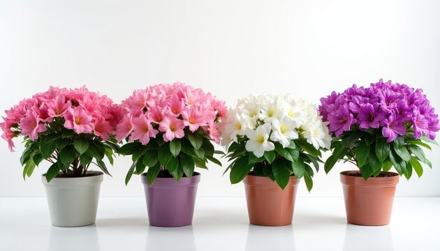 Four potted flowering shrubs showcase vibrant pink, white, purple blooms. Plants with green leaves arranged in nursery setting against clean white background. Offering fresh, natural beauty for home