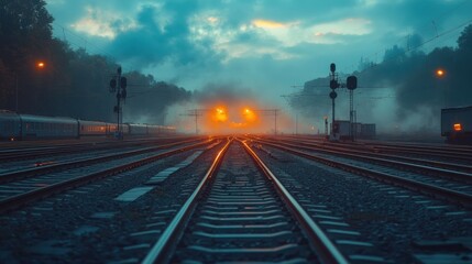 Misty railway tracks at twilight
