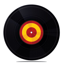 Vector illustration of a black vinyl record with a colorful retro label on a white background. Classic music icon with realistic grooves and shadow.