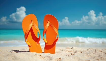 Pair of vibrant orange flip flops rest on a sandy beach. Turquoise ocean waves gently crash ashore under a bright blue sky. This scene evokes summer vacation relaxation and tropical getaway feelings.