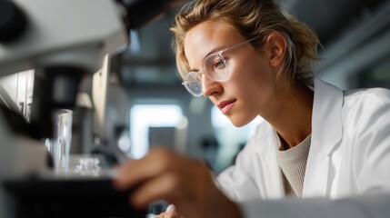 Research scientist analyzing samples through a microscope in a modern laboratory setting during daytime