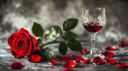 A romantic evening with a glass of wine and a red rose