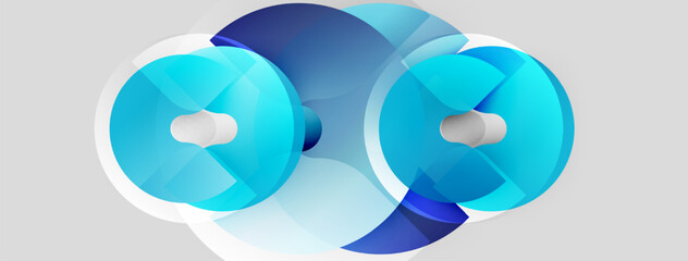 Abstract design features overlapping blue circles. Shades vary, creating depth, modern aesthetic. Minimalist composition, clean lines present.
