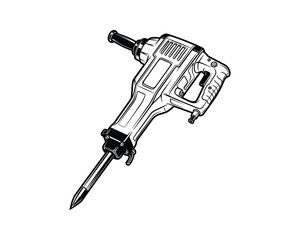 Jackhammer, Concrete Breaker, Demolition Hammer Tool, Black and White Style, Heavy Duty, Vector Illustration