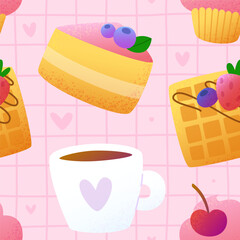 Sweet tea party patten. Seamless vector pink print with textured dessert and drink.