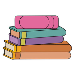 Stack of colorful books and pink eraser pile reading