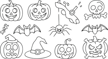 Obraz premium Halloween Outline Icons Pumpkins, Bat, Skull, Witch Hat, Spider, and Spooky Elements