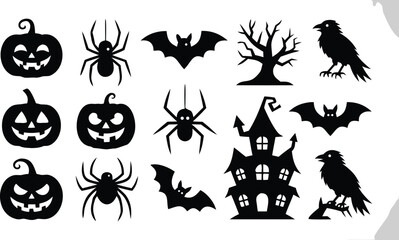 Fototapeta premium Black Halloween Silhouettes Pumpkins, Spiders, Bats, Haunted House, Tree, Crows on White