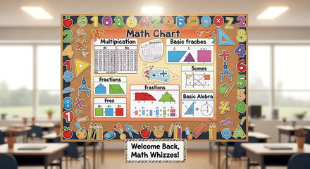 Math chart display with multiplication fractions and algebra in a classroom setting backdrop back to school ai generated