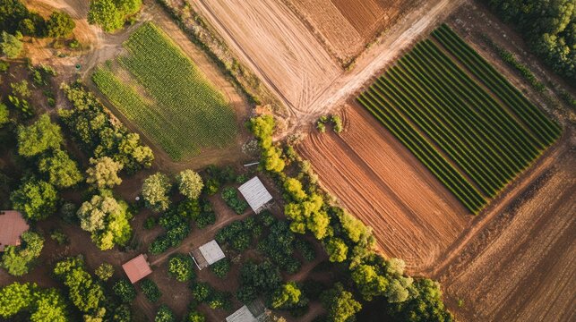 Aerial View of Diverse Agricultural Fields with Geometric Patterns and Lush Greenery