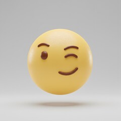 3D Rendered Yellow Wink Emoji on White Background