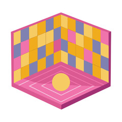 Isometric room corner with geometric pattern and yellow circle