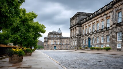 Obraz premium Historic buildings lining a quiet cobblestone street under a moody gray sky in Edinburgh, Scotland