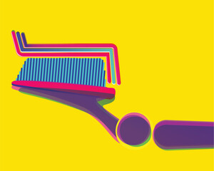 Colorful vector illustration of a toothbrush with vibrant pop art style and glitch effect on a bright yellow background. Modern dental care concept.