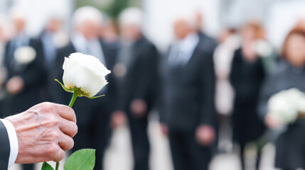 Close-up view of a mourning hand holding a white rose during a somber funeral gathering
