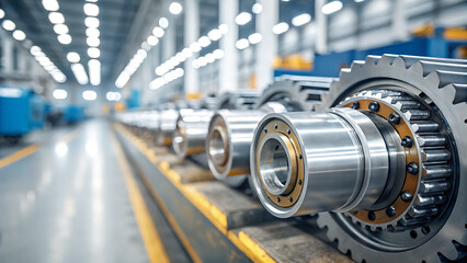Close up view of industrial roller bearings arranged in a factory assembly line
